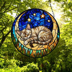 Custom Devon Rex cat Sleeping Cat Suncatcher, Stained Glass Window Hanging , Moon Starry Night Sun Catcher Gift for Cat Moms - image 4