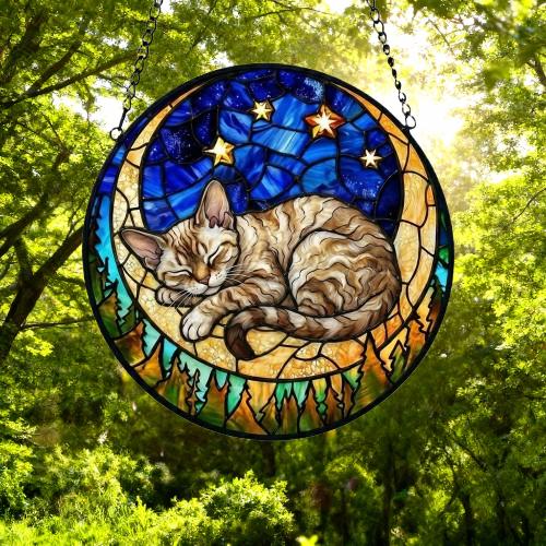 Custom Devon Rex cat Sleeping Cat Suncatcher, Stained Glass Window Hanging , Moon Starry Night Sun Catcher Gift for Cat Moms - image 4