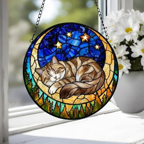 Custom American Shorthair cat Sleeping Cat Suncatcher, Stained Glass Window Hanging , Moon Starry Night Sun Catcher Gift for Cat Moms - image 3