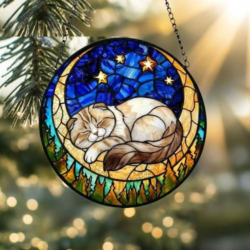 Custom Scottish Fold cat Sleeping Cat Suncatcher, Stained Glass Window Hanging , Moon Starry Night Sun Catcher Gift for Cat Moms - image 2