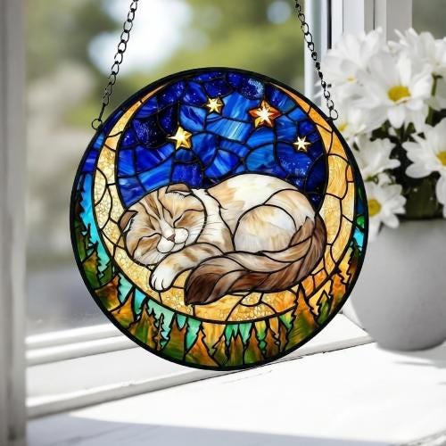 Custom Scottish Fold cat Sleeping Cat Suncatcher, Stained Glass Window Hanging , Moon Starry Night Sun Catcher Gift for Cat Moms - image 3