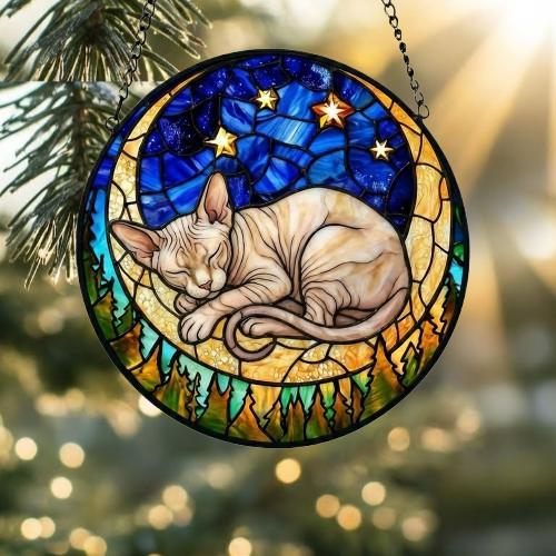 Custom Sphynx  cat Sleeping Cat Suncatcher, Stained Glass Window Hanging , Moon Starry Night Sun Catcher Gift for Cat Moms - image 2