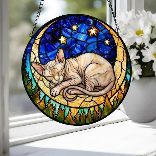 Custom Sphynx  cat Sleeping Cat Suncatcher, Stained Glass Window Hanging , Moon Starry Night Sun Catcher Gift for Cat Moms - image 4