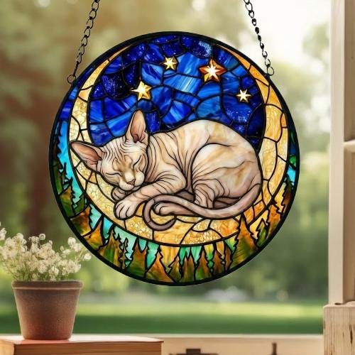 Custom Sphynx  cat Sleeping Cat Suncatcher, Stained Glass Window Hanging , Moon Starry Night Sun Catcher Gift for Cat Moms - image 3
