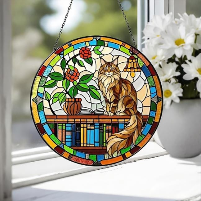 Custom Maine Coon Sun Catcher Cat Sitting On Bookshelf  ,Stained Glass Window Hanging Book Lover Gifts for Women Book Wall Decor Handmade