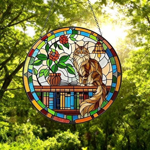 Custom Maine Coon Sun Catcher Cat Sitting On Bookshelf  ,Stained Glass Window Hanging Book Lover Gifts for Women Book Wall Decor Handmade - image 2