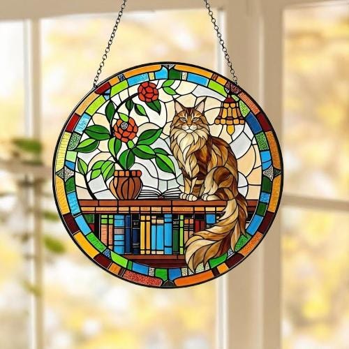 Custom Maine Coon Sun Catcher Cat Sitting On Bookshelf  ,Stained Glass Window Hanging Book Lover Gifts for Women Book Wall Decor Handmade - image 5