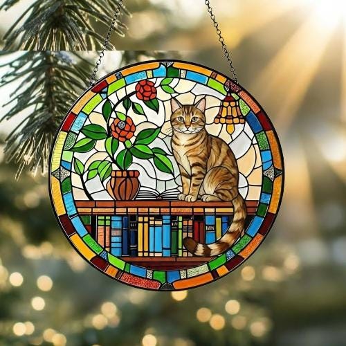 Domestic Shorthair  Sun Catcher Cat Sitting On Bookshelf  ,Stained Glass Window Hanging Book Lover Gifts for Women Book Wall Decor Handmade - image 2