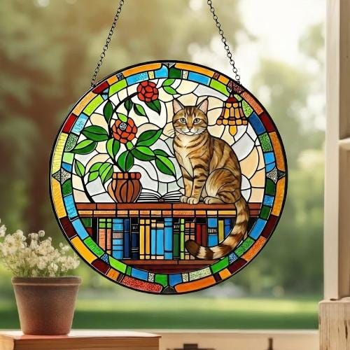 Domestic Shorthair  Sun Catcher Cat Sitting On Bookshelf  ,Stained Glass Window Hanging Book Lover Gifts for Women Book Wall Decor Handmade - image 3