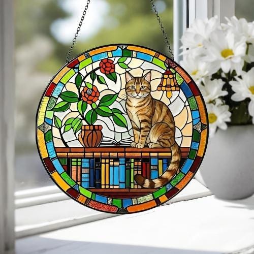 Domestic Shorthair  Sun Catcher Cat Sitting On Bookshelf  ,Stained Glass Window Hanging Book Lover Gifts for Women Book Wall Decor Handmade - image 4