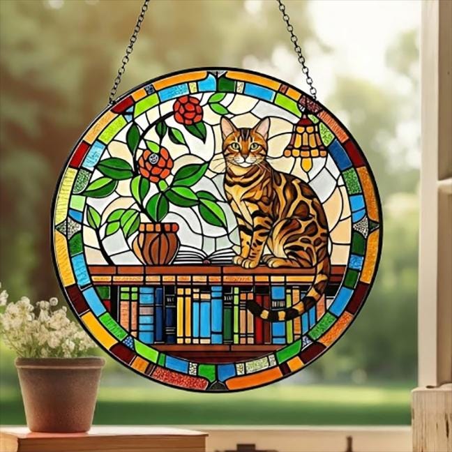 Custom Bengal  Sun Catcher Cat Sitting On Bookshelf  ,Stained Glass Window Hanging Book Lover Gifts for Women Book Wall Decor Handmade