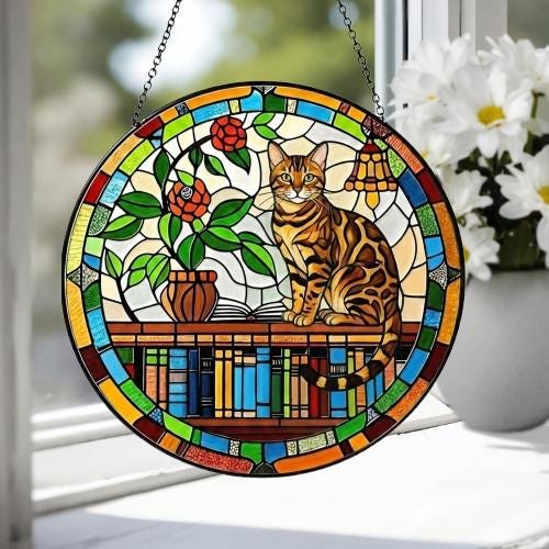 Custom Bengal  Sun Catcher Cat Sitting On Bookshelf  ,Stained Glass Window Hanging Book Lover Gifts for Women Book Wall Decor Handmade - image 3