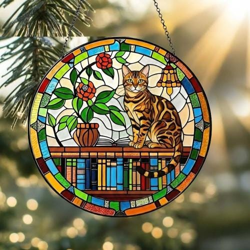 Custom Bengal  Sun Catcher Cat Sitting On Bookshelf  ,Stained Glass Window Hanging Book Lover Gifts for Women Book Wall Decor Handmade - image 2