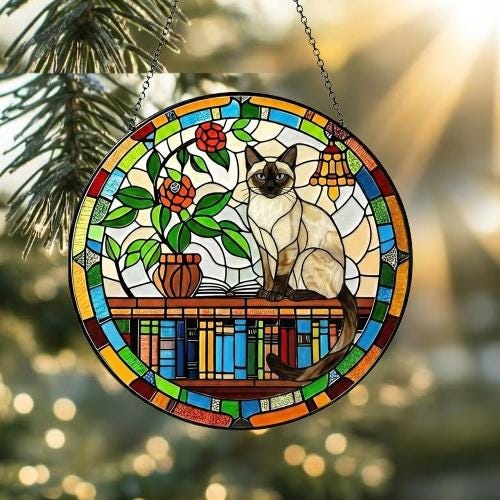 Custom Siamese Sun Catcher Cat Sitting On Bookshelf  ,Stained Glass Window Hanging Book Lover Gifts for Women Book Wall Decor Handmade - image 2