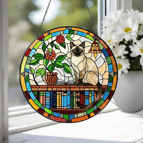 Custom Siamese Sun Catcher Cat Sitting On Bookshelf  ,Stained Glass Window Hanging Book Lover Gifts for Women Book Wall Decor Handmade - image 3