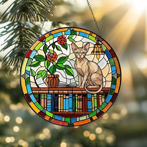 Custom Sphynx Sun Catcher Cat Sitting On Bookshelf  ,Stained Glass Window Hanging Book Lover Gifts for Women Book Wall Decor Handmade - image 2