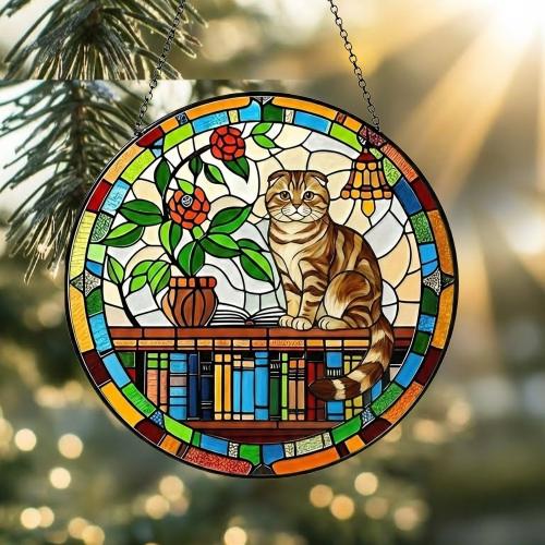 Custom Scottish Fold Sun Catcher Cat Sitting On Bookshelf  ,Stained Glass Window Hanging Book Lover Gifts for Women Book Wall Decor Handmade - image 2