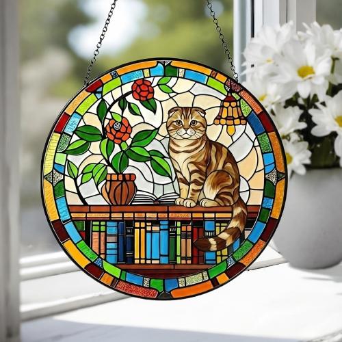 Custom Scottish Fold Sun Catcher Cat Sitting On Bookshelf  ,Stained Glass Window Hanging Book Lover Gifts for Women Book Wall Decor Handmade - image 3