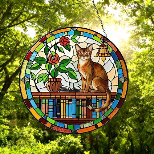 Custom Abyssinian  Sun Catcher Cat Sitting On Bookshelf  ,Stained Glass Window Hanging Book Lover Gifts for Women Book Wall Decor Handmade - image 5