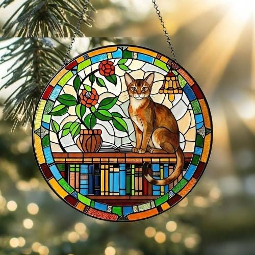 Custom Abyssinian  Sun Catcher Cat Sitting On Bookshelf  ,Stained Glass Window Hanging Book Lover Gifts for Women Book Wall Decor Handmade - image 2