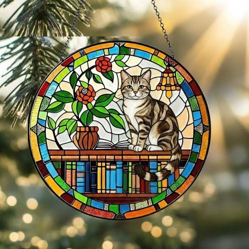 American Shorthair Sun Catcher Cat Sitting On Bookshelf  ,Stained Glass Window Hanging Book Lover Gifts for Women Book Wall Decor Handmade - image 2