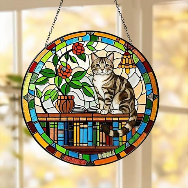 American Shorthair Sun Catcher Cat Sitting On Bookshelf  ,Stained Glass Window Hanging Book Lover Gifts for Women Book Wall Decor Handmade