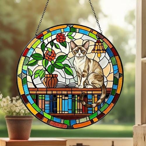 Custom Devon Rex Sun Catcher Cat Sitting On Bookshelf  ,Stained Glass Window Hanging Book Lover Gifts for Women Book Wall Decor Handmade - image 3