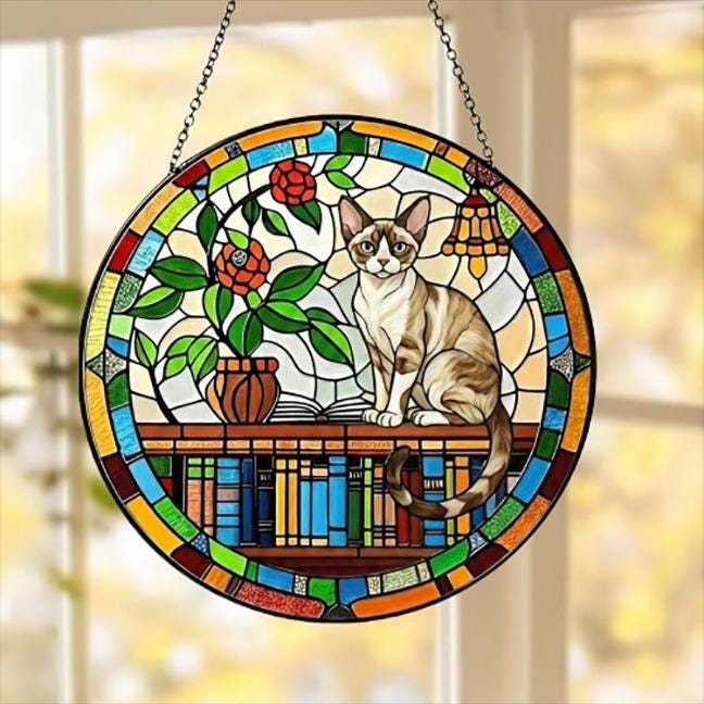 Custom Devon Rex Sun Catcher Cat Sitting On Bookshelf  ,Stained Glass Window Hanging Book Lover Gifts for Women Book Wall Decor Handmade