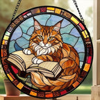 Custom Stained Glass Window Hanging Maine Coon  Cat Reading ,  Sun Catcher Home Decor,  Lost Pets Gift