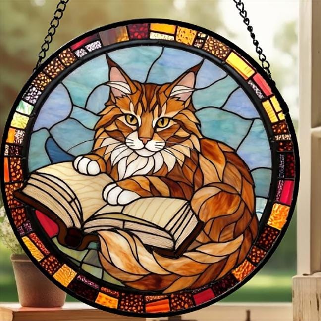 Custom Stained Glass Window Hanging Maine Coon  Cat Reading ,  Sun Catcher Home Decor,  Lost Pets Gift