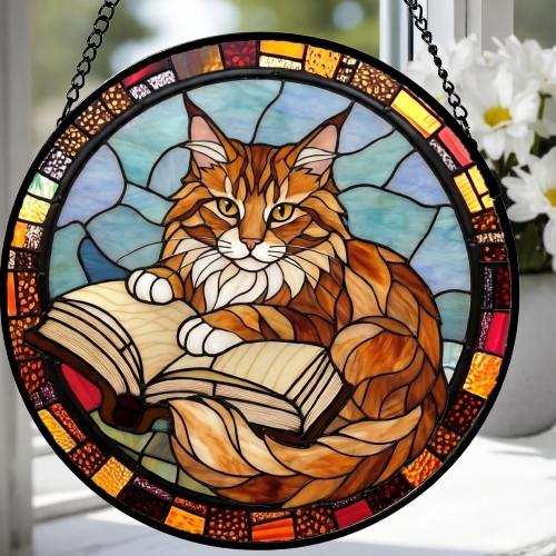 Custom Stained Glass Window Hanging Maine Coon  Cat Reading ,  Sun Catcher Home Decor,  Lost Pets Gift - image 3