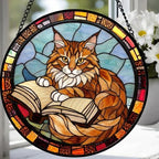 Custom Stained Glass Window Hanging Maine Coon  Cat Reading ,  Sun Catcher Home Decor,  Lost Pets Gift - image 3