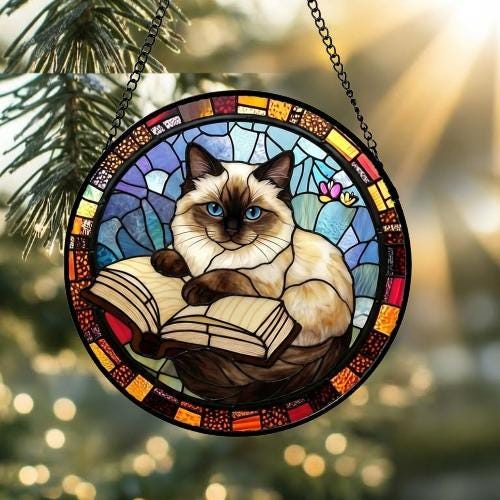 Custom Stained Glass Window Hanging Ragdoll  Cat Reading ,  Sun Catcher Home Decor,  Lost Pets Gift - image 4