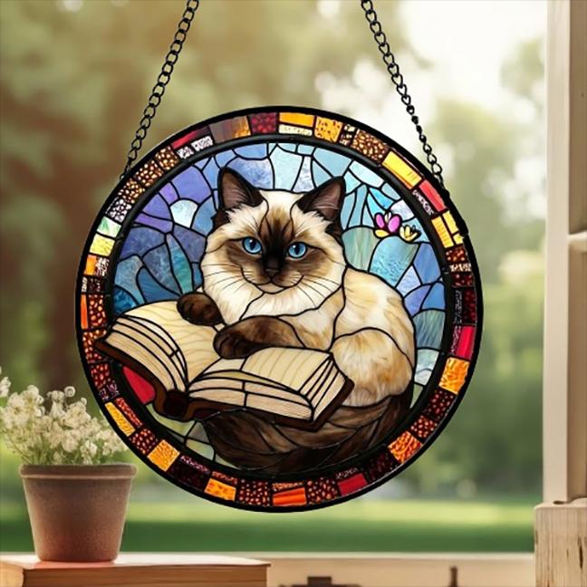 Custom Stained Glass Window Hanging Ragdoll  Cat Reading ,  Sun Catcher Home Decor,  Lost Pets Gift