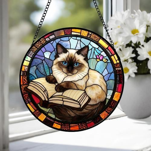 Custom Stained Glass Window Hanging Ragdoll  Cat Reading ,  Sun Catcher Home Decor,  Lost Pets Gift - image 3