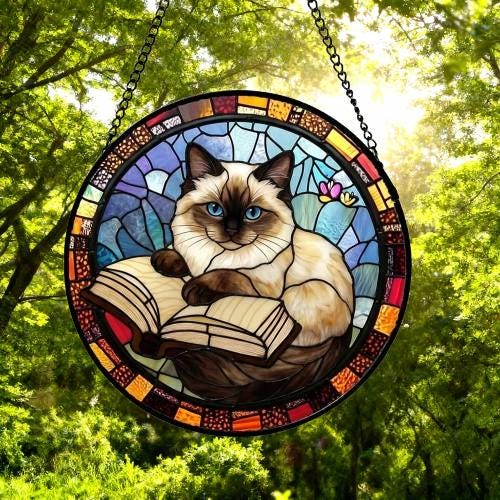 Custom Stained Glass Window Hanging Ragdoll  Cat Reading ,  Sun Catcher Home Decor,  Lost Pets Gift - image 2
