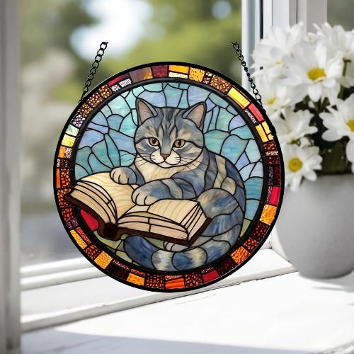 Custom Stained Glass Window Hanging British Shorthair Cat Reading ,  Sun Catcher Home Decor,  Lost Pets Gift - image 4