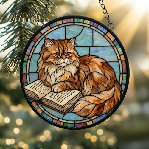 Custom Stained Glass Window Hanging Persian Cat Reading ,  Sun Catcher Home Decor,  Lost Pets Gift - image 2