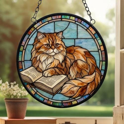 Custom Stained Glass Window Hanging Persian Cat Reading ,  Sun Catcher Home Decor,  Lost Pets Gift - image 3