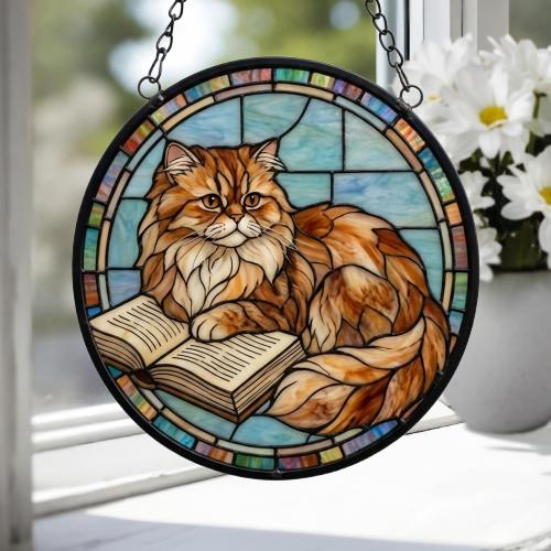 Custom Stained Glass Window Hanging Persian Cat Reading ,  Sun Catcher Home Decor,  Lost Pets Gift - image 4