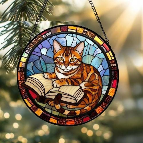 Custom Stained Glass Window Hanging Bengal  Cat Reading ,  Sun Catcher Home Decor,  Lost Pets Gift - image 2