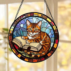 Custom Stained Glass Window Hanging Bengal  Cat Reading ,  Sun Catcher Home Decor,  Lost Pets Gift