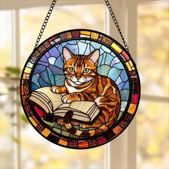 Custom Stained Glass Window Hanging Bengal  Cat Reading ,  Sun Catcher Home Decor,  Lost Pets Gift