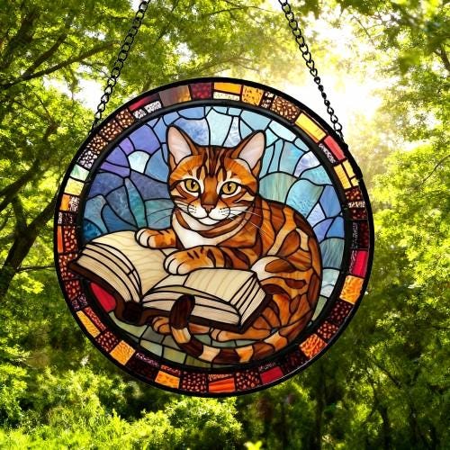 Custom Stained Glass Window Hanging Bengal  Cat Reading ,  Sun Catcher Home Decor,  Lost Pets Gift - image 5