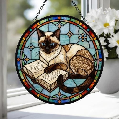 Custom Stained Glass Window Hanging Siamese Cat Reading , Sun Catcher Home Decor,  Lost Pets Gift - image 4