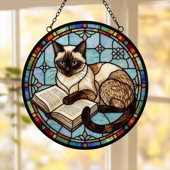Custom Stained Glass Window Hanging Siamese Cat Reading , Sun Catcher Home Decor,  Lost Pets Gift