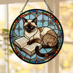 Custom Stained Glass Window Hanging Siamese Cat Reading , Sun Catcher Home Decor,  Lost Pets Gift