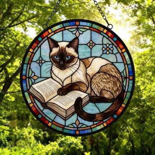 Custom Stained Glass Window Hanging Siamese Cat Reading , Sun Catcher Home Decor,  Lost Pets Gift - image 5