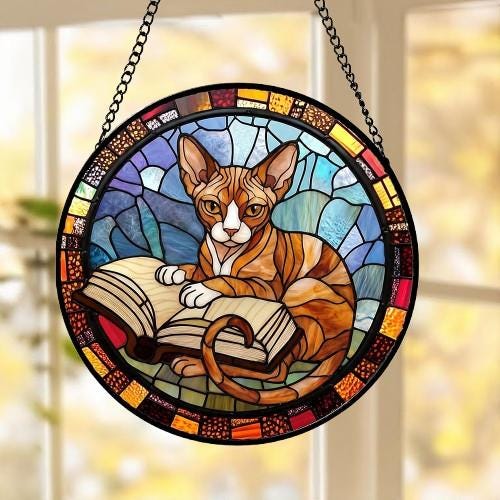 Custom Stained Glass Window Hanging Sphynx Cat Reading , Sun Catcher Home Decor,  Lost Pets Gift - image 5