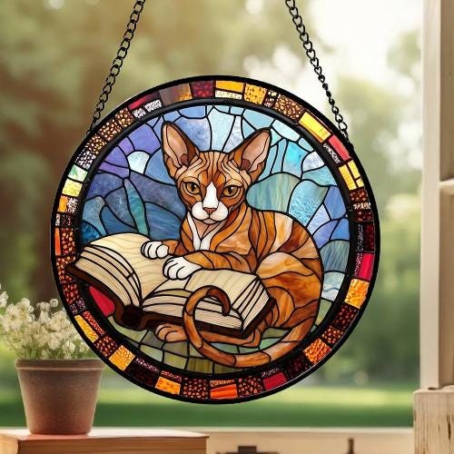 Custom Stained Glass Window Hanging Sphynx Cat Reading , Sun Catcher Home Decor,  Lost Pets Gift - image 3